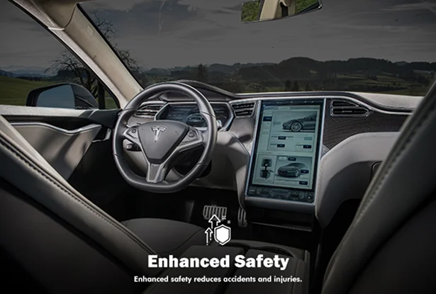 Image titled “Enhanced Safety” showing a modern vehicle interior with dashboard and windshield view. The graphic highlights improved safety benefits, demonstrating how windshield protection film reinforces glass strength and reduces the risk of shattering from impact.