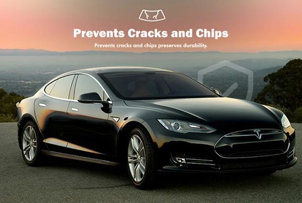 Image titled “Prevents Cracks and Chips” showing a black sedan parked at sunset with a highlighted windshield area. The graphic emphasizes durability and protection against rock chips and cracks. The image represents windshield protection film designed to absorb impact from road debris and prevent costly glass damage.