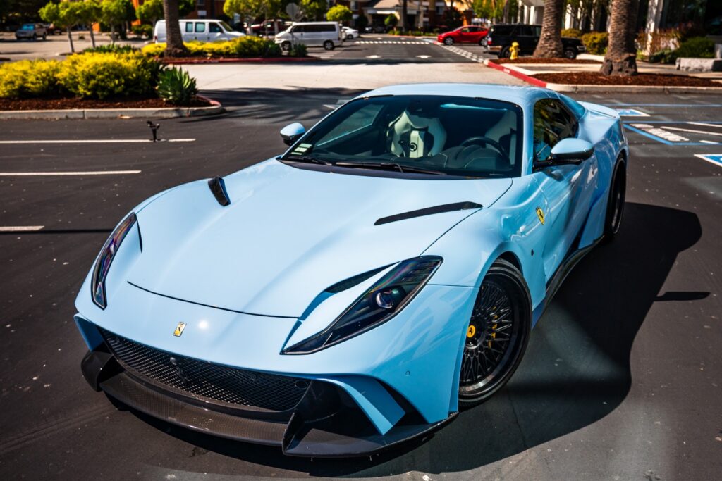 Supercar, Exotic, Rare? You decide. This beautiful Ferrari was wrapped in baby blue by SS Customs - The Bay Area’s Oldest and Most-Trusted 5-Star Vehicle Wrap, PPF & Tint Shop