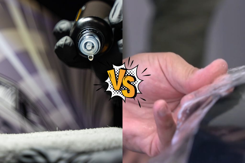 A split comparison graphic shows ceramic coating being dispensed on the left and clear paint protection film being applied by hand on the right. The center graphic reads "Vs" to show the difference between a glossy maintenance layer and physical paint protection.