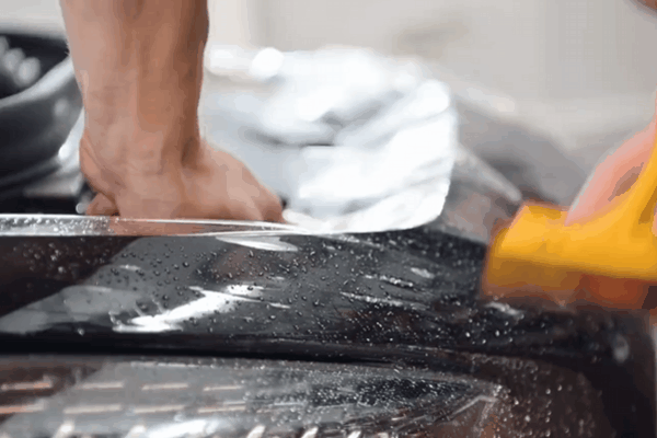 A hand stretches clear paint protection film over a wet black vehicle panel while a yellow squeegee sits nearby. The close up shows the careful placement needed during professional PPF installation to avoid bubbles lift lines and trapped debris.